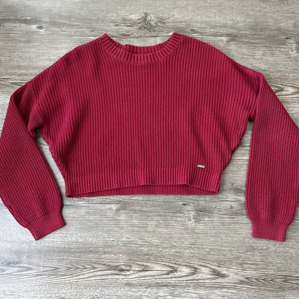 Hollister Ribbed Knit Cropped Sweater Womens Small Red Relaxed Casual Pullover